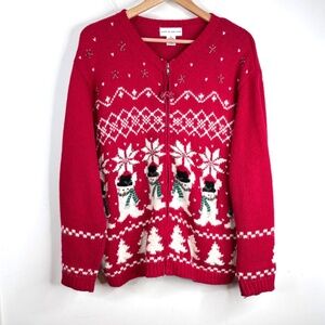 VTG 90s Christmas Cardigan XL Red Fair Isle Snowmen Beaded Granny Ugly Sweater